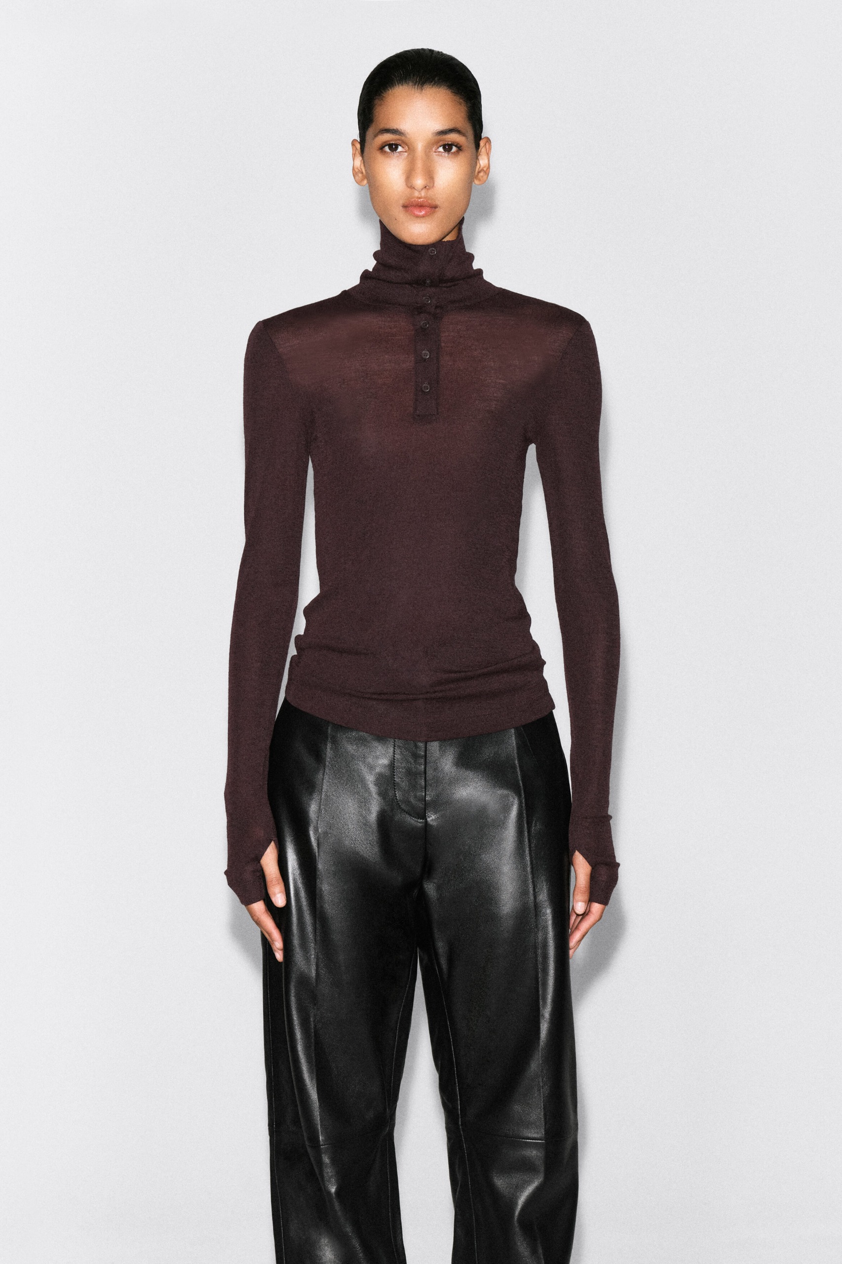 Merino Wool Buttoned Mock-Neck Top