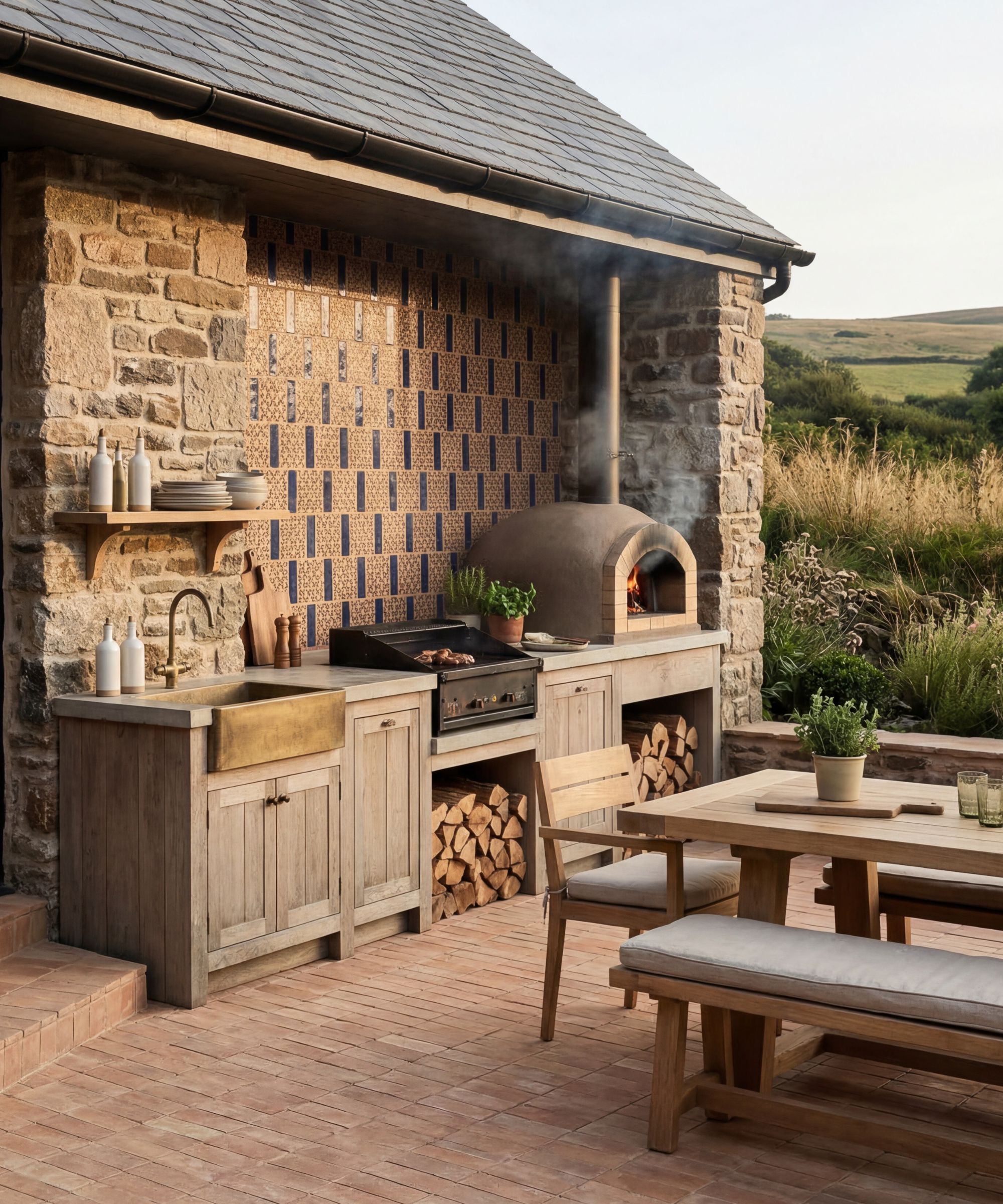 A rustic outdoor kitchen against a stone wall with patterned tiles, a pizza oven, brass sink, wooden cabinets, and terracotta brick floor.