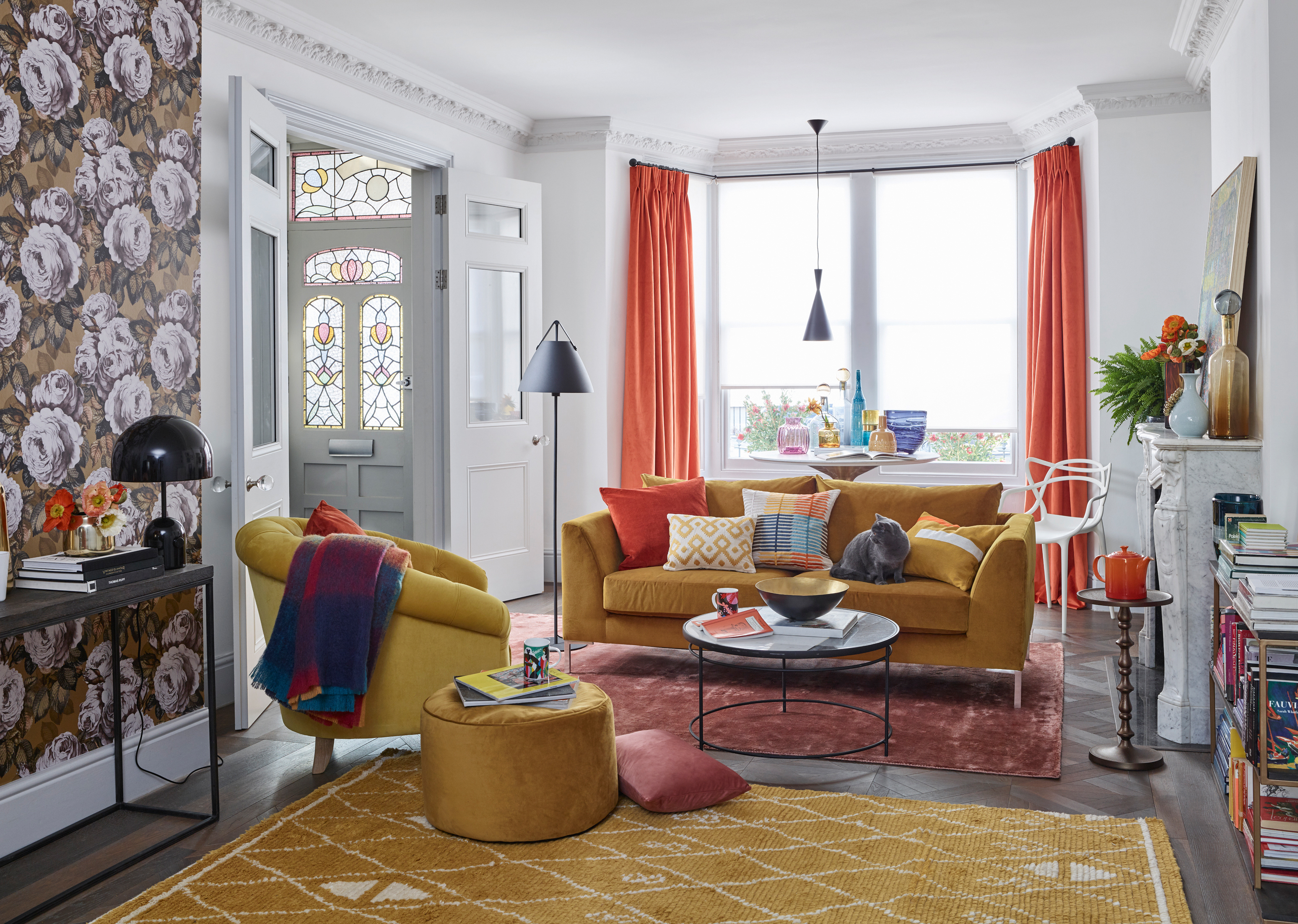 orange curtains in living room