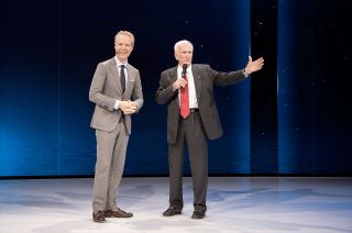 Scott Keogh, president of Audi USA, and Apollo 17 astronaut Gene Cernan at the 2016 North American Auto Show in Detroit in January 2016.