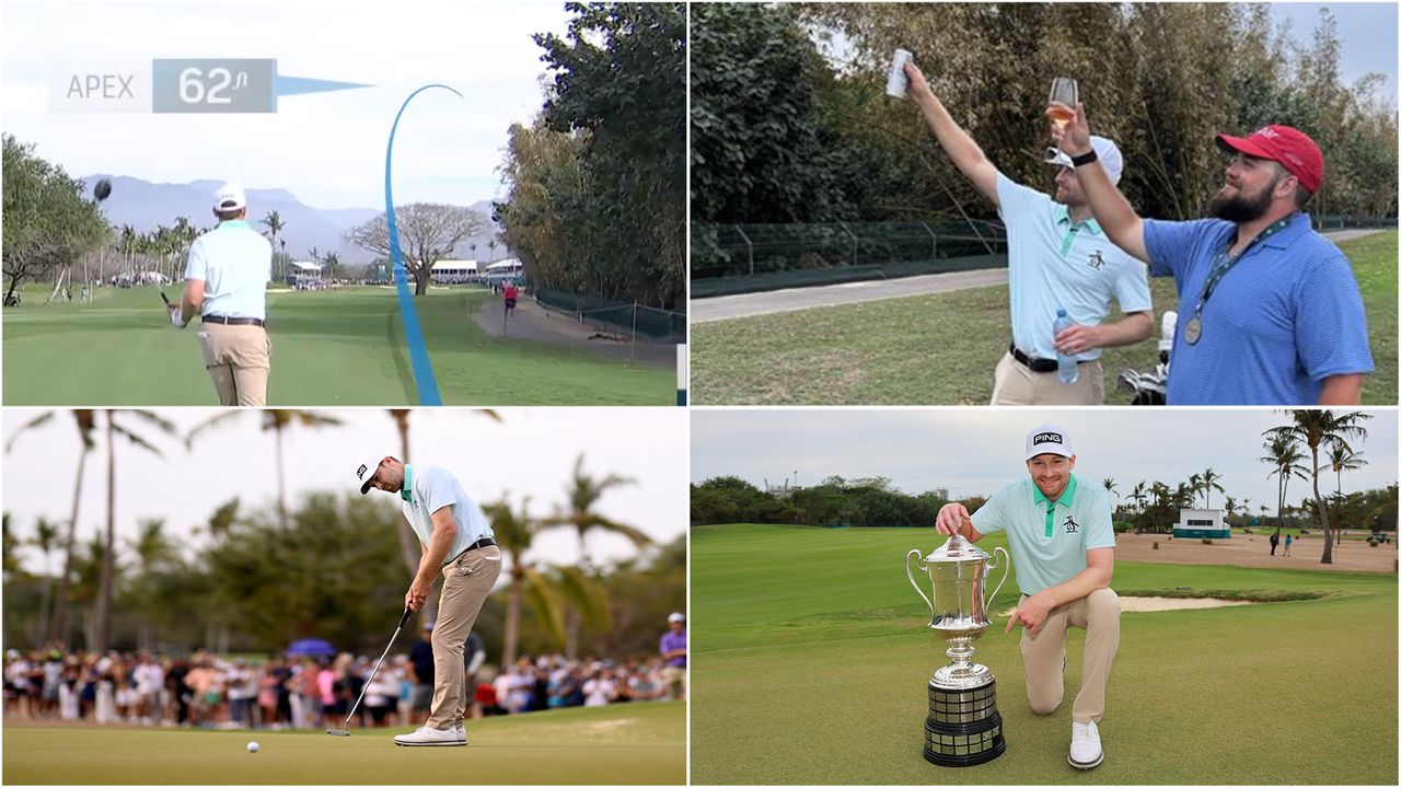 (top left) Brian Campbell&#039;s tee shot slices right towards the trees, (top right) Campbell and his caddie say cheers to the trees that deflected his ball back into the course, (bottom left) Campbell makes putt to win, (bottom right) Campbell kneels down with the Mexico Open trophy