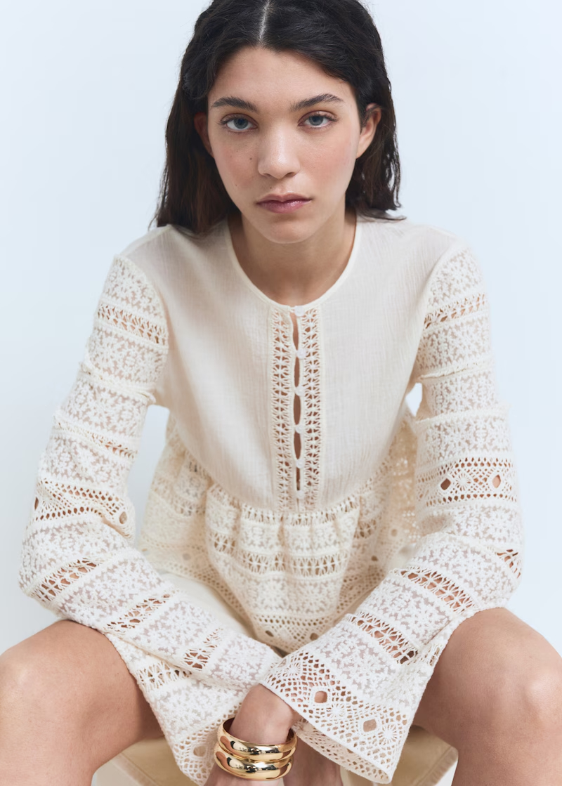 MANGO, Embroidered Cotton Blouse With Openwork Details