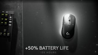 A leaked render of the Logitech G Pro X3 Superstrike from a video on Amazon, showing a +50% battery life stat.