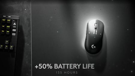 A leaked render of the Logitech G Pro X3 Superstrike from a video on Amazon, showing a +50% battery life stat.
