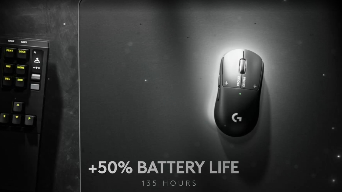 A leaked render of the Logitech G Pro X3 Superstrike from a video on Amazon, showing a +50% battery life stat.