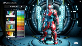 There's a ton of customization options for each warframe, including color palettes and cosmetic armor.