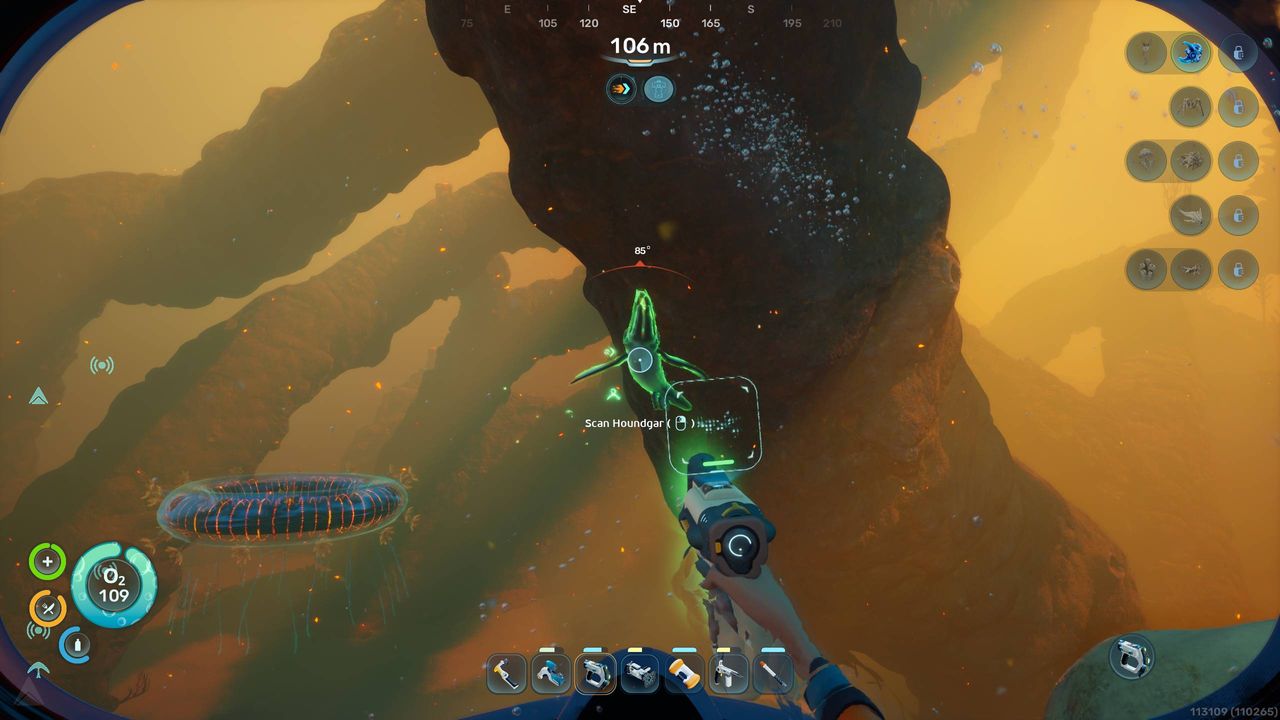 Subnautica 2 Biomods: A player looking at a Houndgar under a rocky 'limb' in the volcanic vents area.