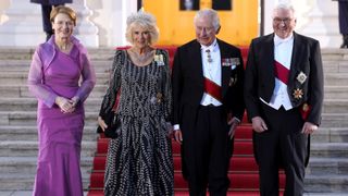 President of Germany Frank-Walter Steinmeier and First Lady Elke Büdenbender welcome King Charles III and Camilla, Queen Consort to Bellevue Palace