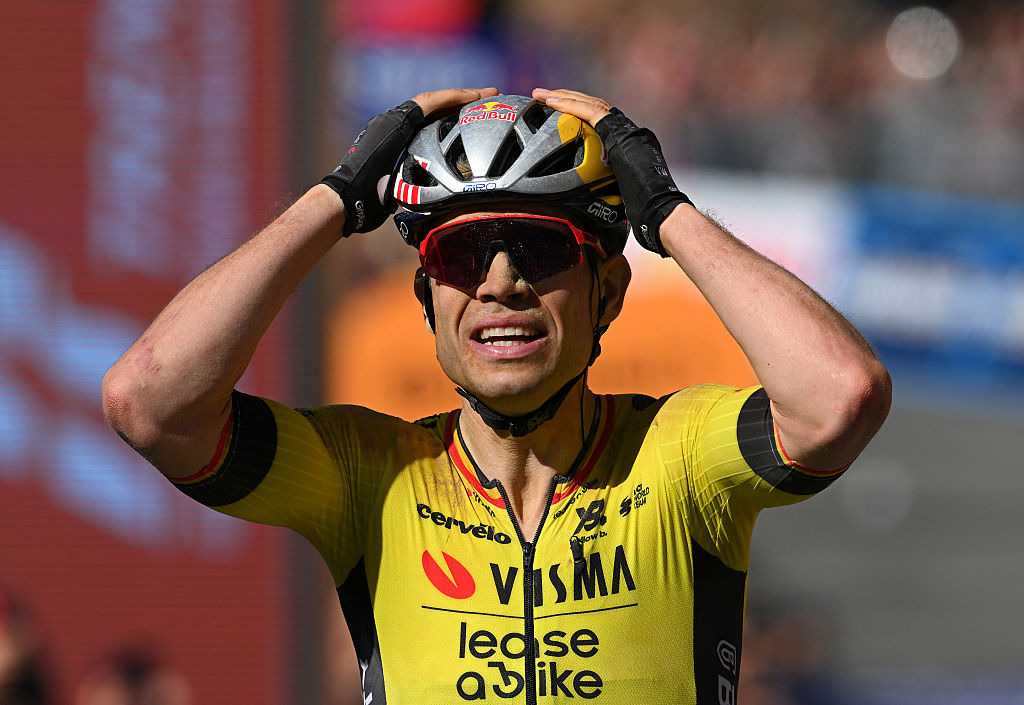 SIENA, ITALY - MAY 18: Wout Van Aert of Belgium and Team Visma | Lease a Bike celebrates at finish line as stage winner during the 108th Giro d&#039;Italia 2025, Stage 9 a 181km stage from Gubbio to Siena / #UCIWT / on May 18, 2025 in Siena, Italy. (Photo by Tim de Waele/Getty Images)