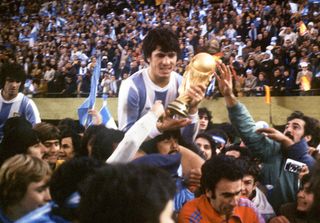 Argentina captain Daniel Passarella lifts the World Cup trophy in 1978.