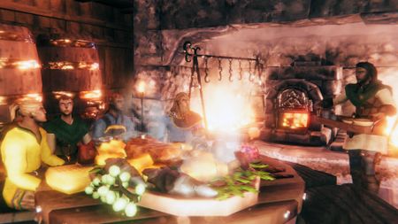 A screenshot of Valheim's Bog Witch update, showing a player bringing food to a table.