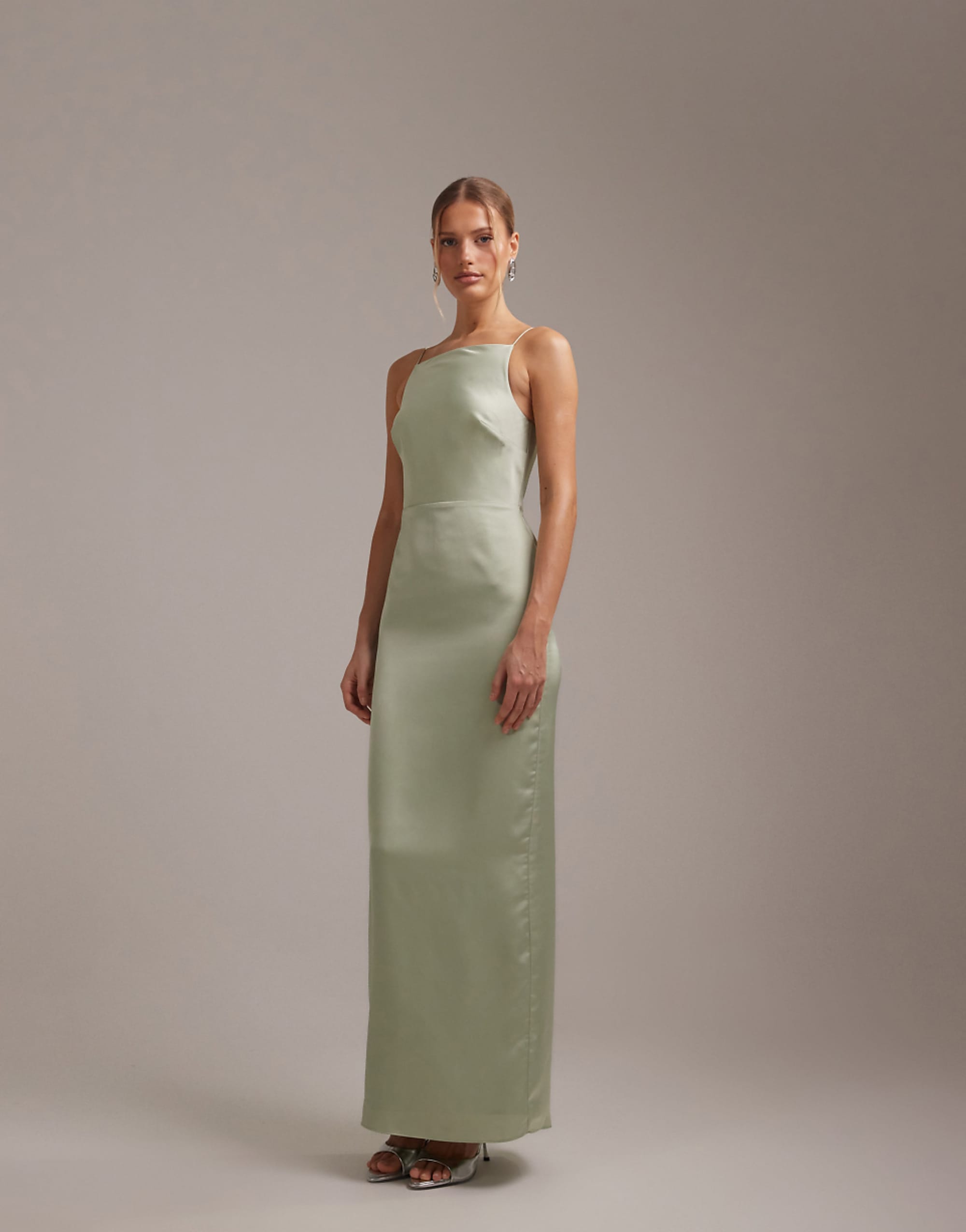 Asos Design Bridesmaids High Neck Tie Strap Column Maxi Dress in Sage Green