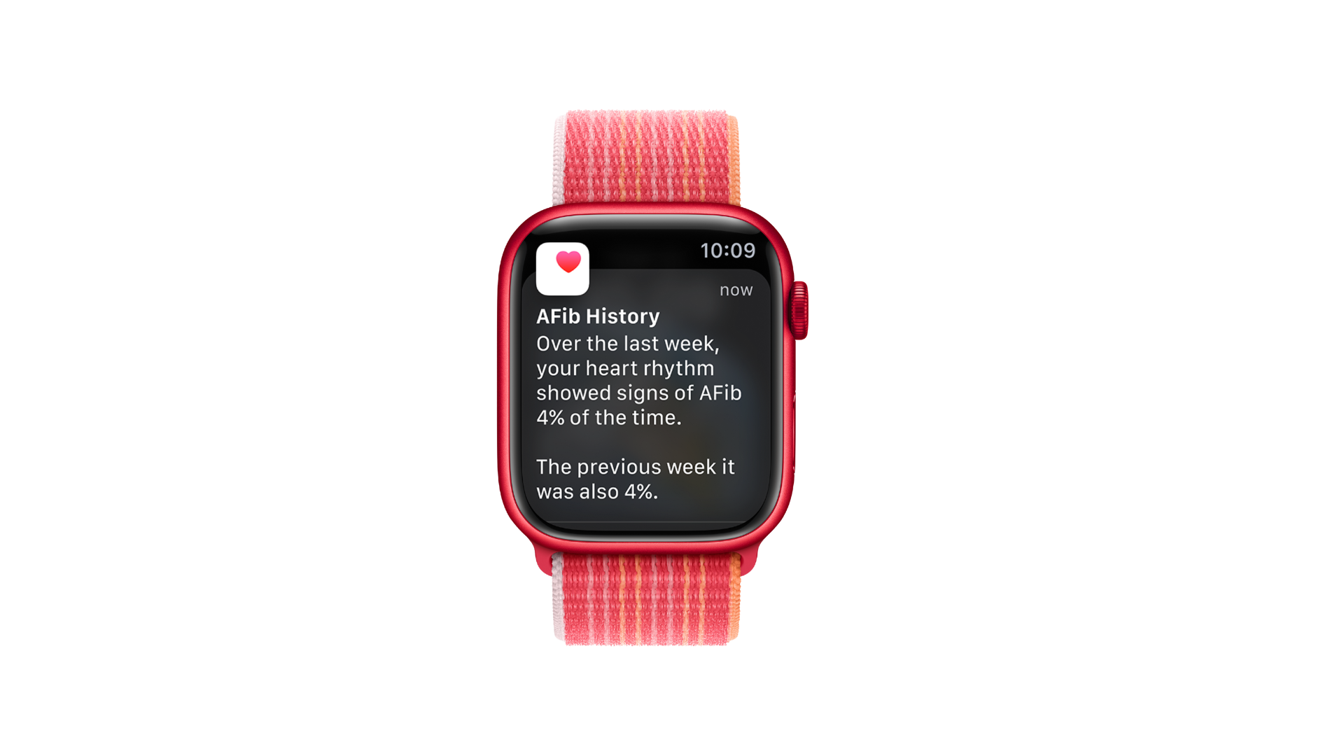an image of an apple watch with a pink-red strap and a red frame against a white background. The screen is showing a notification about a-fib history and monitoring over the past month