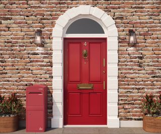 red front door with white arched surround on exterior brick wall with red parcel box to one side