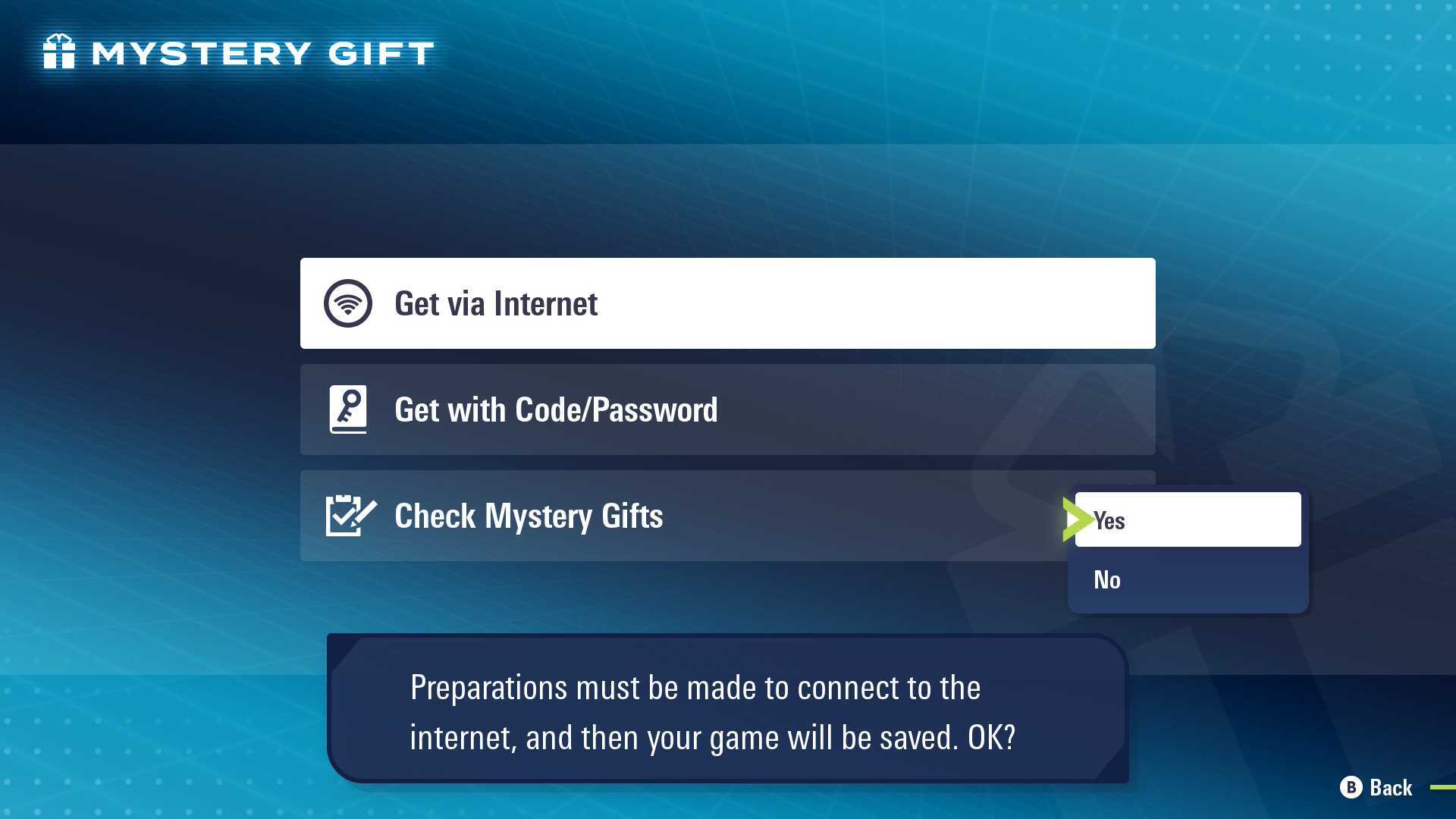The Mystery Gift menu in Pokemon Legends Z-A