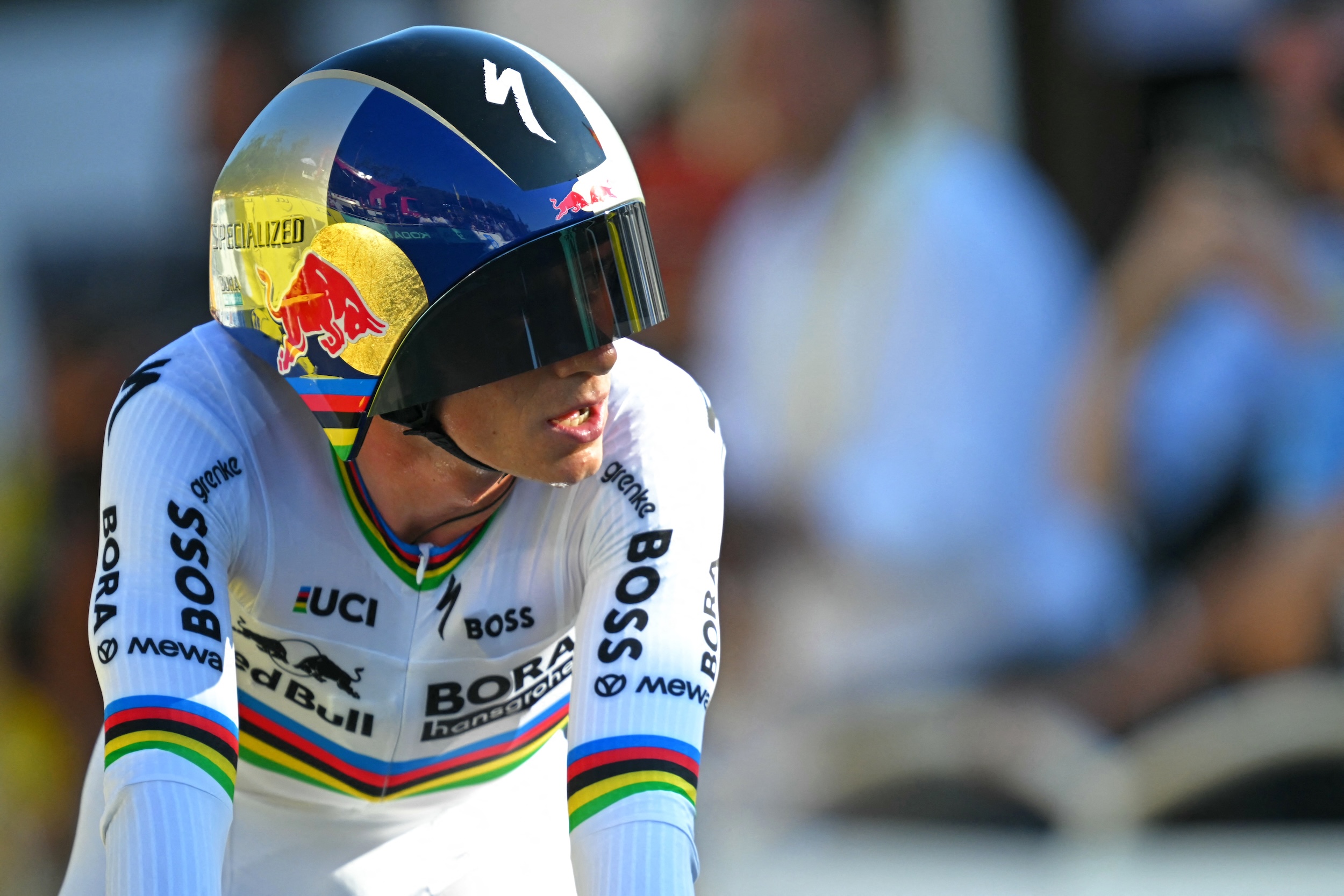 Remco Evenepoel races to the finish line of the 1st stage of the 113th edition of the Tour de France cycling race, a 19,6 km team time trial stage in and around Barcelona
