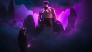 Nalo standing with purple smoke behind him and Matangi standing across from him in Moana 2