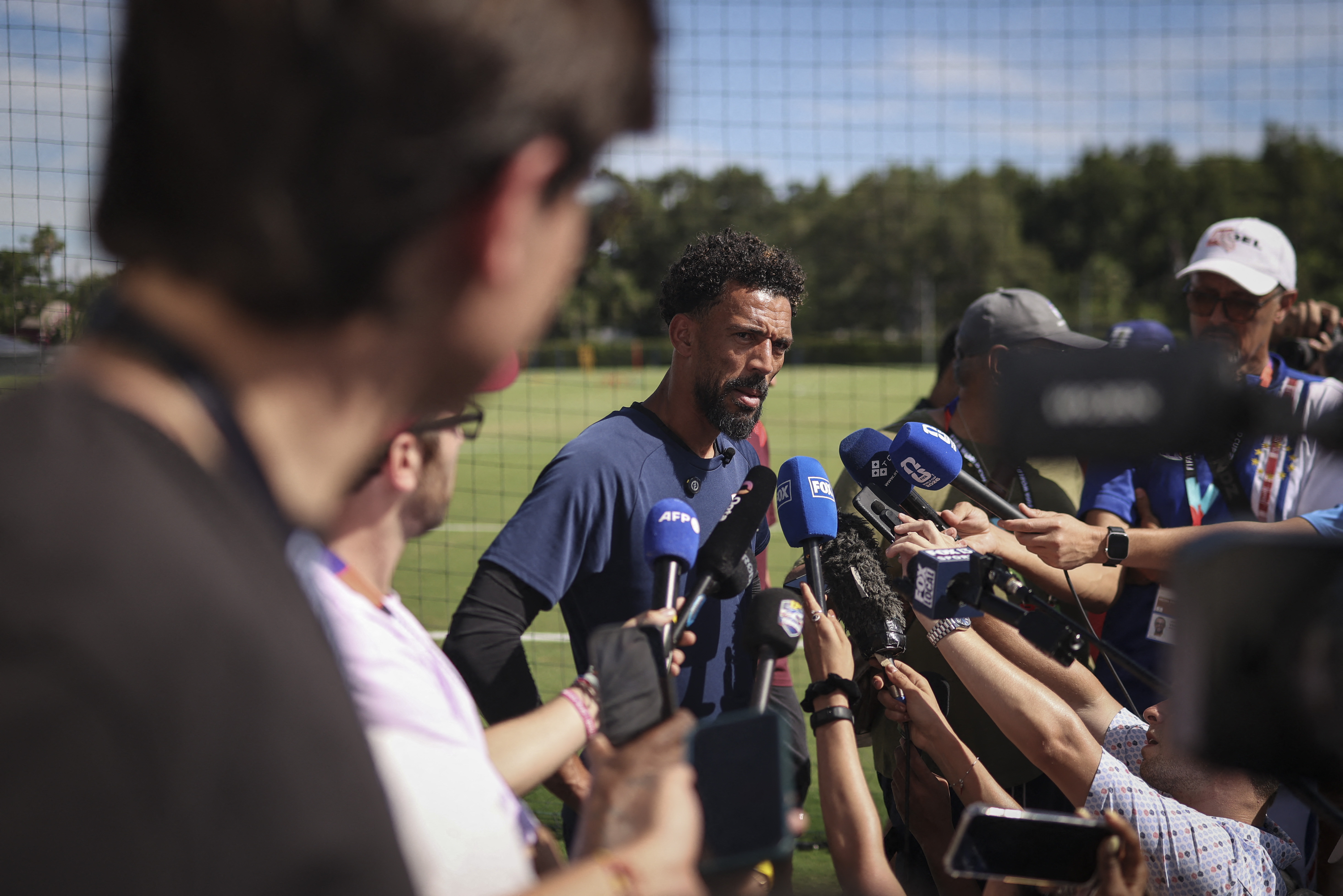 Cape Verde's goalkeeper #01 Vozinha speaks to the press ahead of a training session during the 2026 World Cup tournament at Waters Sportsplex in Tampa, Florida on June 18, 2026.