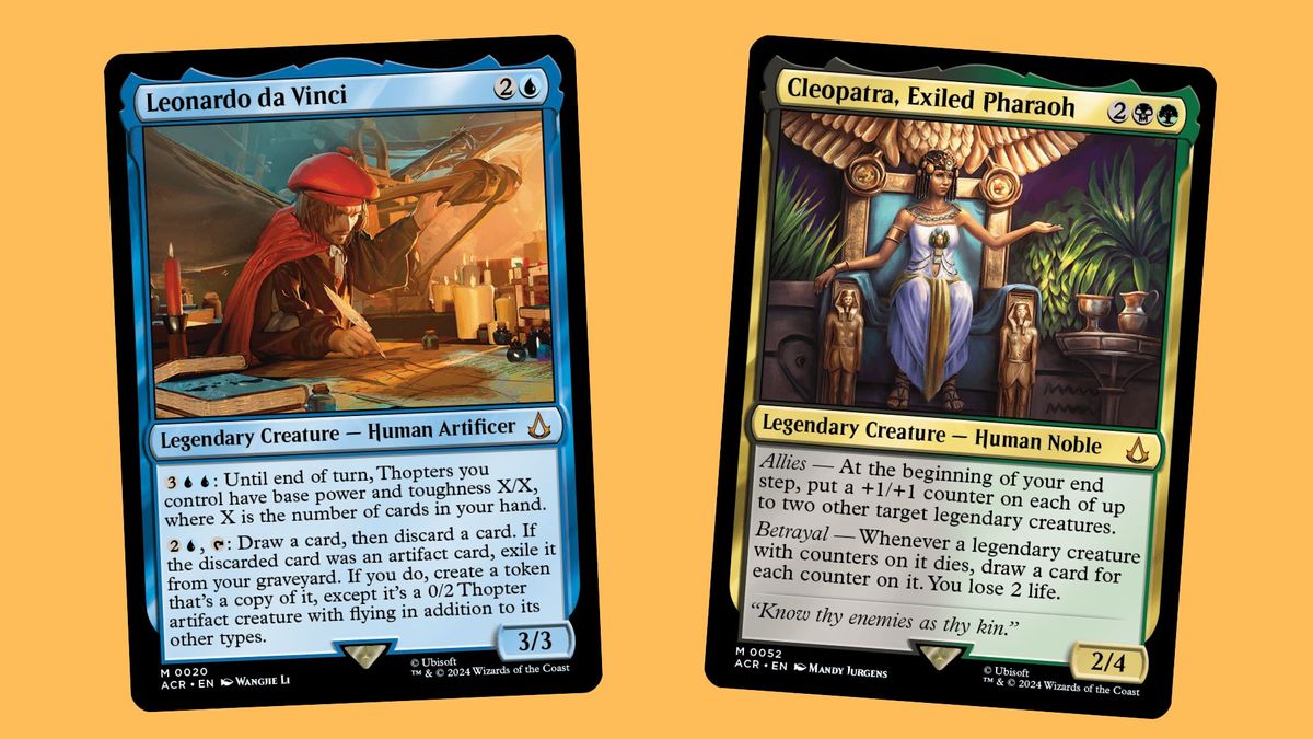 Image of two Magic The Gathering Assassin&#039;s Creed cards, Leonardo Da Vinci and Cleopatra, Exiled Pharoah