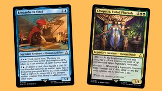 Image of two Magic The Gathering Assassin's Creed cards, Leonardo Da Vinci and Cleopatra, Exiled Pharoah