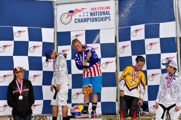 Elite women's downhill podium at the 2010 US Mountain Bike National Championships, and the obligatory crowd spraying of bubbly.