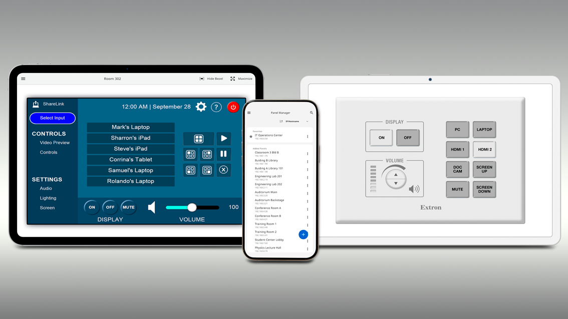 The Extron Control Pro app on a smartphone and tablet. 