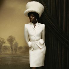 lupita wears a white hat, white blazer, and white pencil skirt.