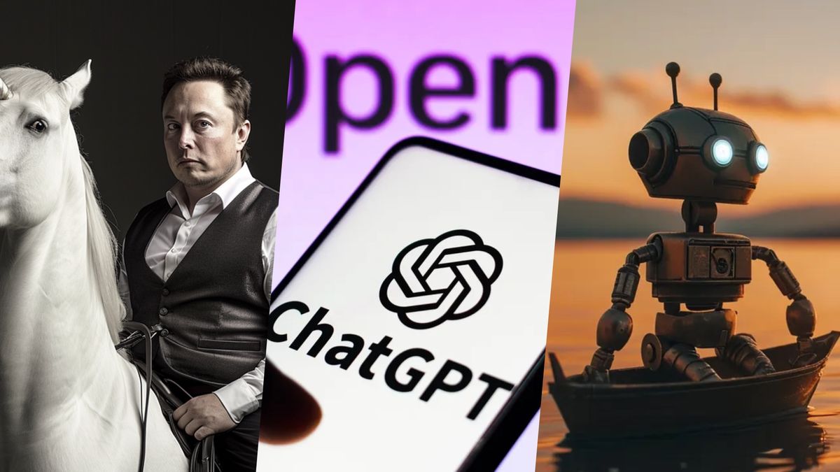 An AI generated image of Elon Musk on a unicorn, the ChatGPT logo on a phone and a screen shot from a video of a robot from Runway 