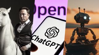 An AI generated image of Elon Musk on a unicorn, the ChatGPT logo on a phone and a screen shot from a video of a robot from Runway 