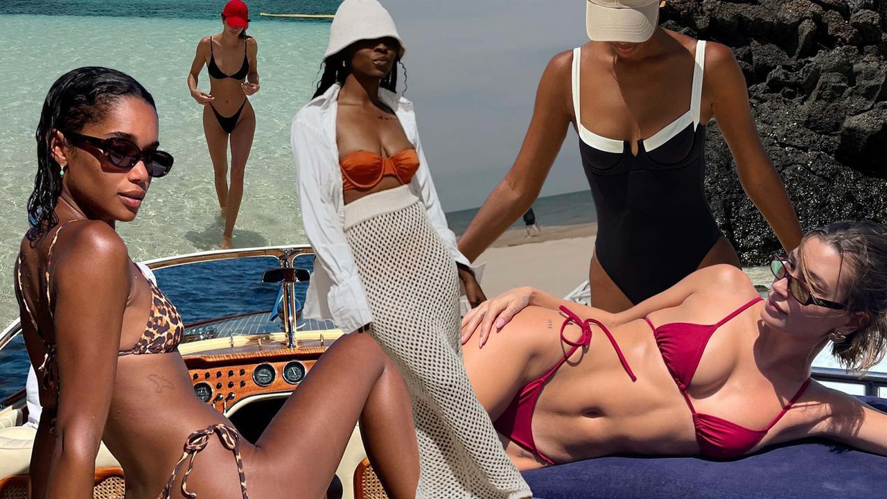 A collage of celebrities and influencers wearing bathing suits, including Hailey Bieber, Kendall Jenner, Laura Harrier, and Jasmine Tookes.