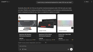 A screenshot of ChatGPT's shopping feature