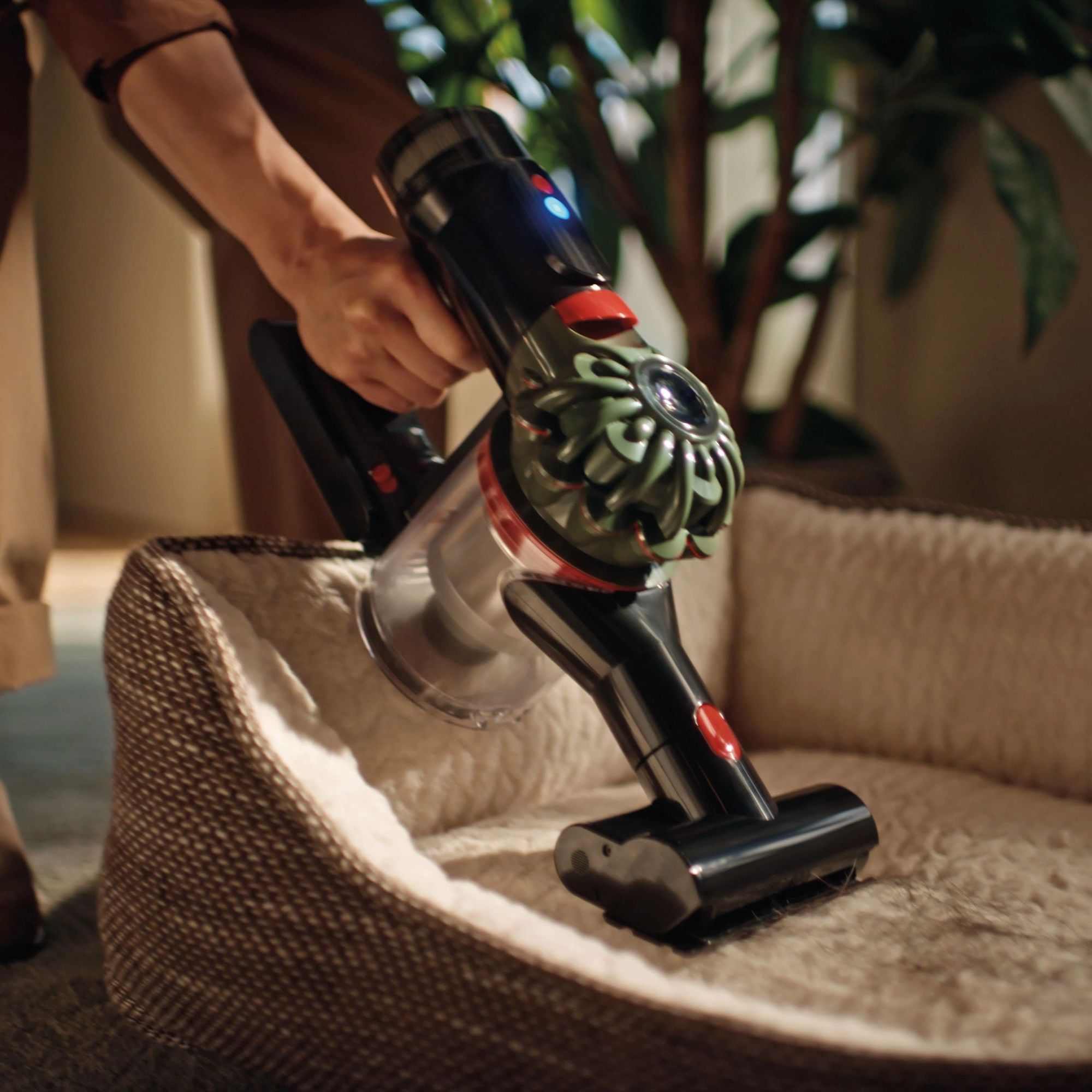 Using the Dyson V8 Cyclone in handheld mode to vacuum a dog bed