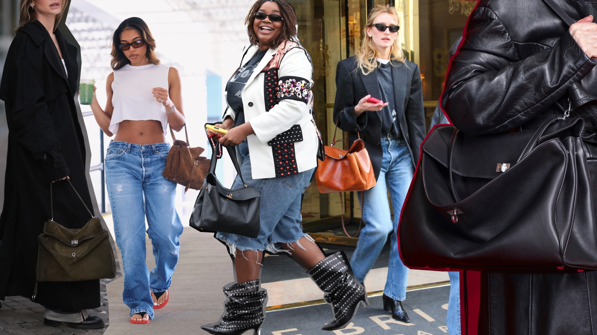 a collage of women at fashion week, lori harvey, sarah pidgeon, and models carrying the balenciaga rodeo bag