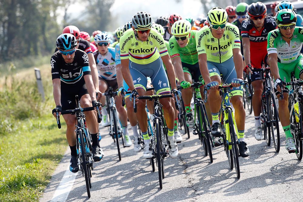 Tinkoff riders in the bunch during Milano-Torino