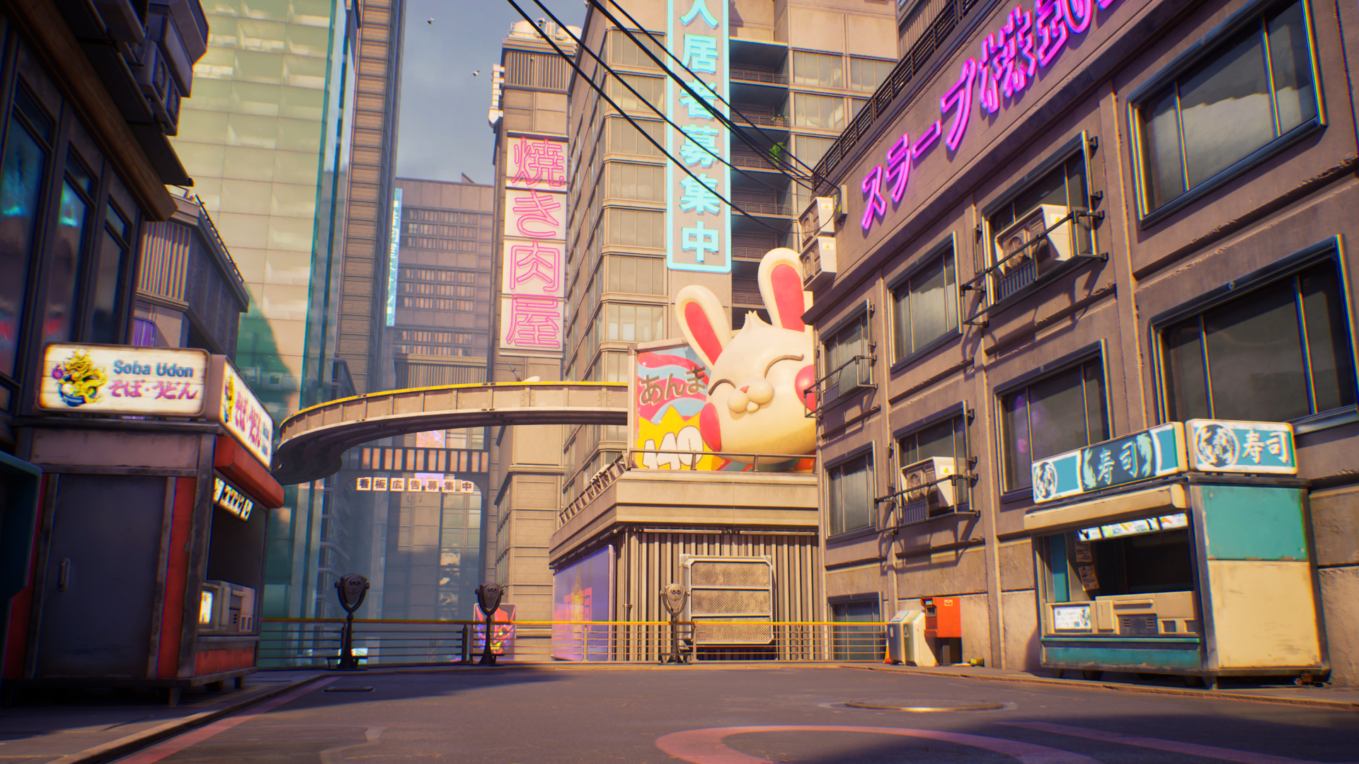 Skyline 10 promo shot, with Japanese neon signs and a large chibi bunny statue