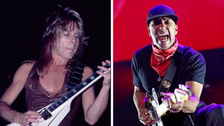 Left&ndash;Randy Rhoads plays guitar during the Blizzard of Ozz Tour in New York 1981; Right&ndash;Tom Morello performs on stage during 2019 iHeartRadio ALTer Ego in Inglewood, California