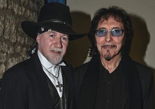 Tony Iommi with Tony Martin, original lead singer with Black sabbath at the unveiling of the Blue Plaque for Cozy Powell, in his home town of Cirencester, Gloucestershire