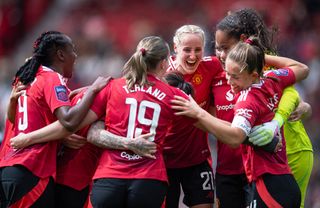Millie Turner of Manchester United celebrates with team mates during the Barclays Women's Super League match between Manchester United and Manchester City at Old Trafford on May 04, 2025 in Manchester, England.