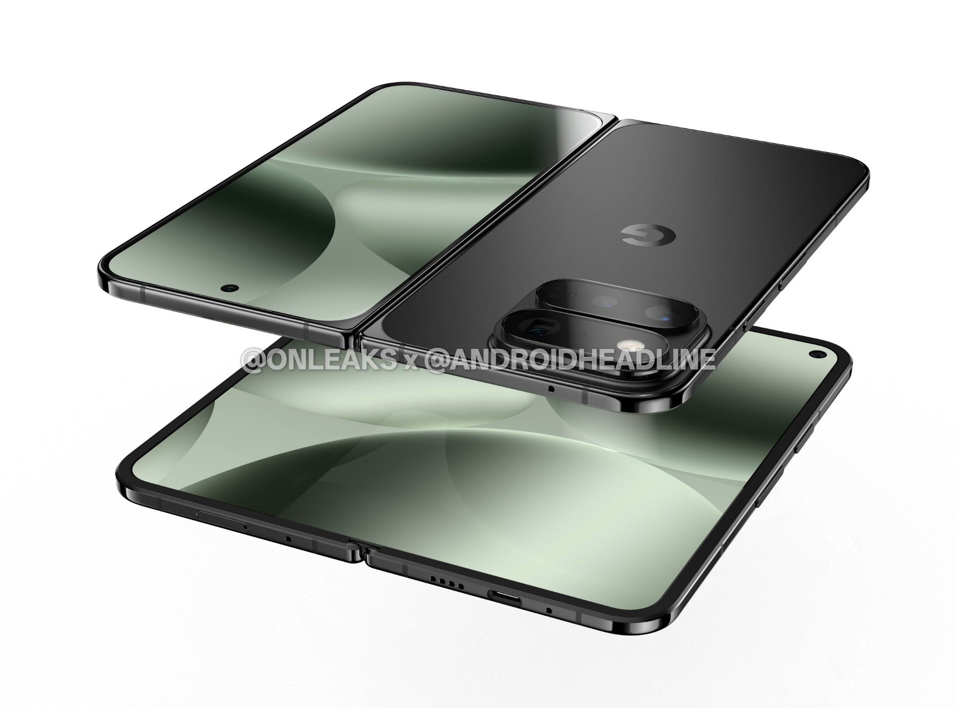 An alleged glimpse at the Google Pixel 11 Pro Fold in what appears to be a Moonstone (black) colorway, in angles ranging from straight on to side views.