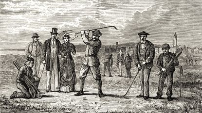 Detail of Playing the Links in St. Andrew’s, Scotland Victorian Engraving, 1840 