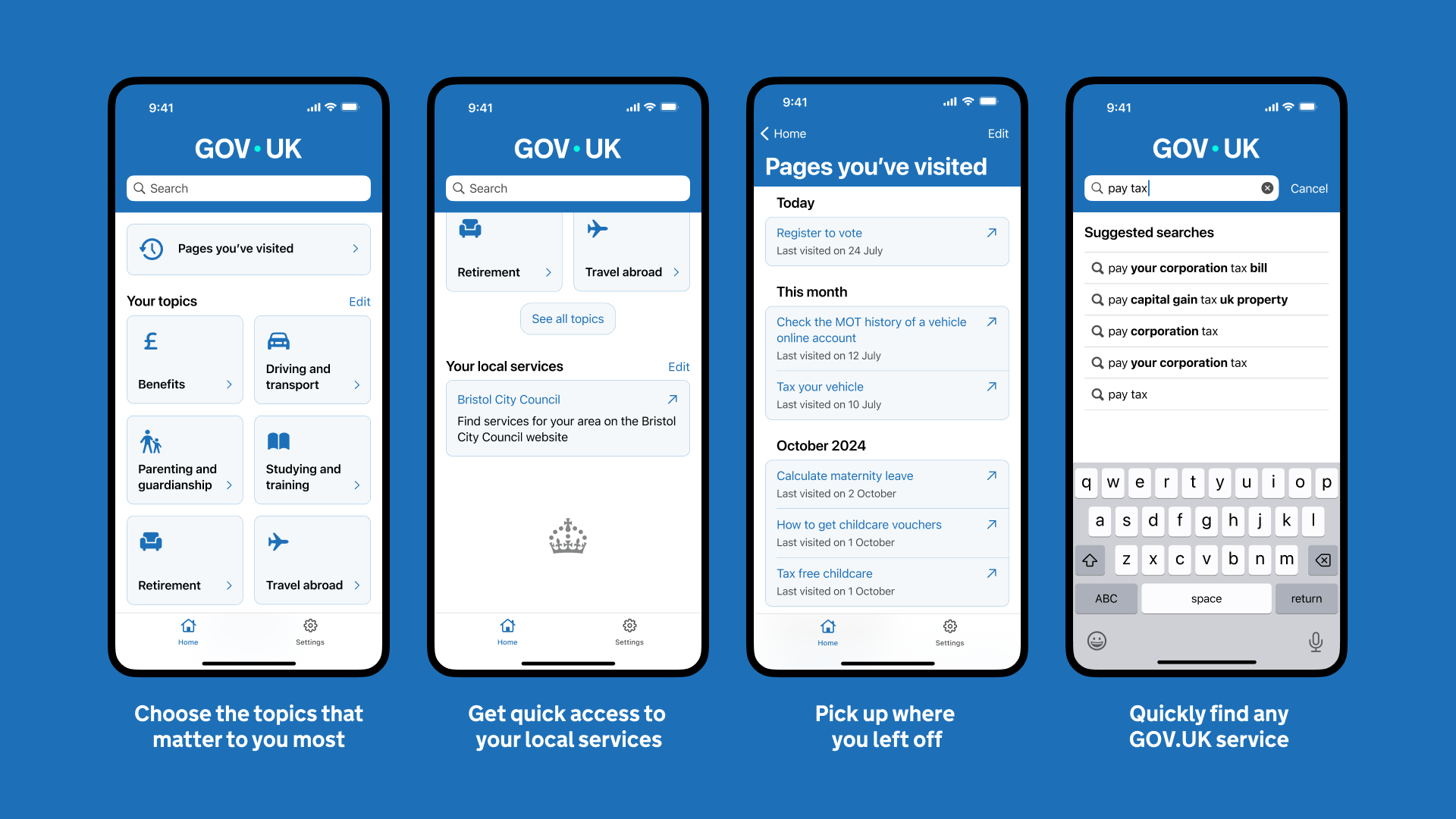 Multiple screenshots of the Gov.uk app