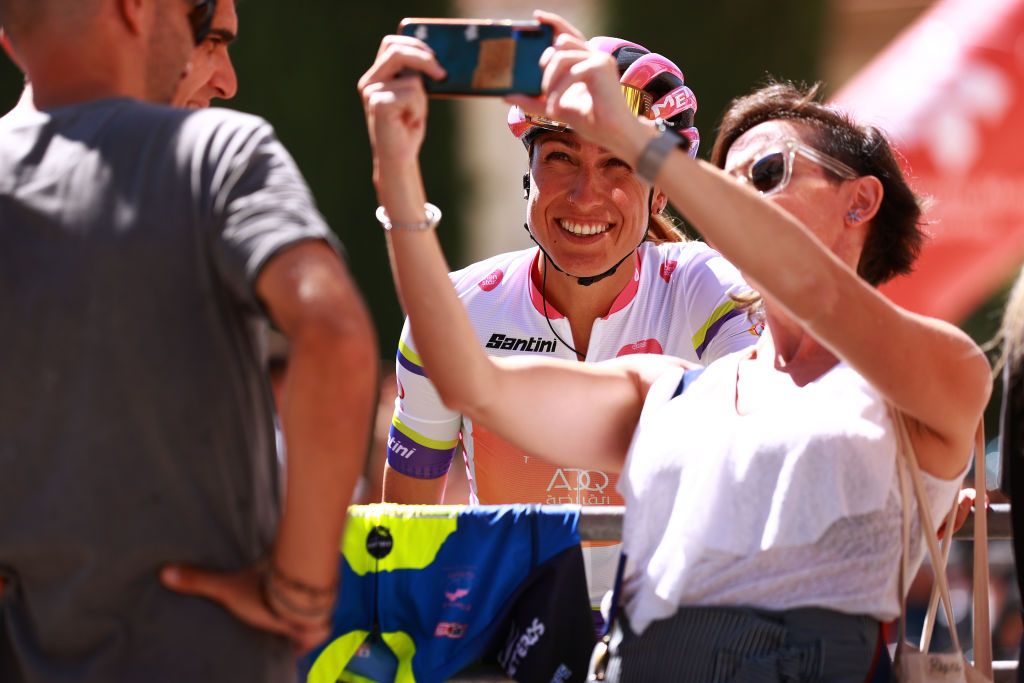 PALENCIA SPAIN SEPTEMBER 10 Margarita Victoria Garcia Caellas of Spain and UAE Team ADQ White Jersey meets the fans at start prior to the 8th Ceratizit Challenge By La Vuelta 2022 Stage 4 a 1604km stage from Palencia to Segovia 1005m CERATIZITChallenge22 UCIWWT on on September 10 2022 in Palencia Spain Photo by Gonzalo Arroyo MorenoGetty Images
