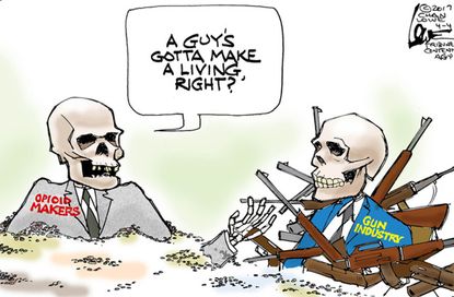 Political Cartoon U.S. Guns Opioids Death Epidemic