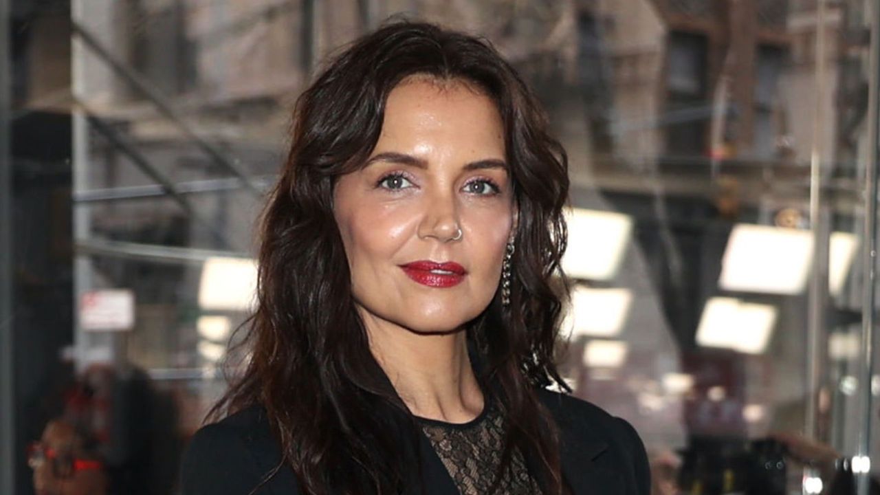 Katie Holmes wearing a sheer lace maxi dress