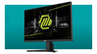 An image of an MSI MAG 255XFV 1080p gaming monitor against a teal background with a white border.