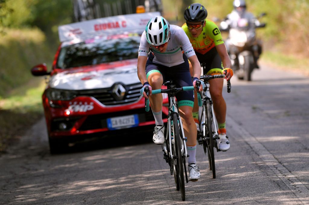 TIVOLI ITALY SEPTEMBER 14 Elizabeth Banks of The United Kingdom and Team Paule Ka Eugenia Bujak of Slovenia and Team Ale BTC Ljubljana Breakaway during the 31st Giro dItalia Internazionale Femminile 2020 Stage 4 a 1703km stage from Assisi to Tivoli 237m GiroRosaIccrea GiroRosa on September 14 2020 in Tivoli Italy Photo by Luc ClaessenGetty Images