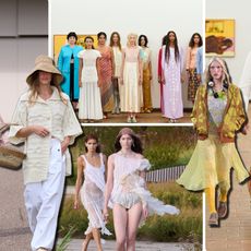 Collage of Spring 2027 Copenhagen Fashion Week runway looks featuring gingham, colorful knits, sheer dresses, textured skirts, and relaxed white separates.