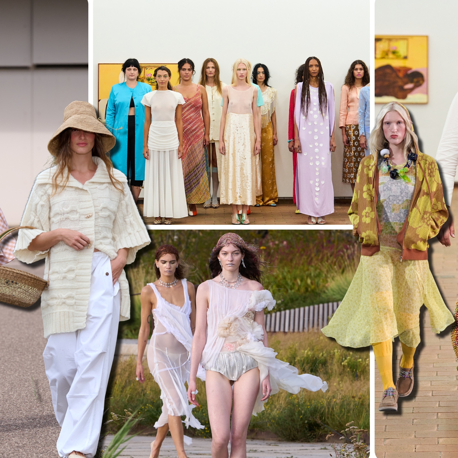Collage of Spring 2027 Copenhagen Fashion Week runway looks featuring gingham, colorful knits, sheer dresses, textured skirts, and relaxed white separates.