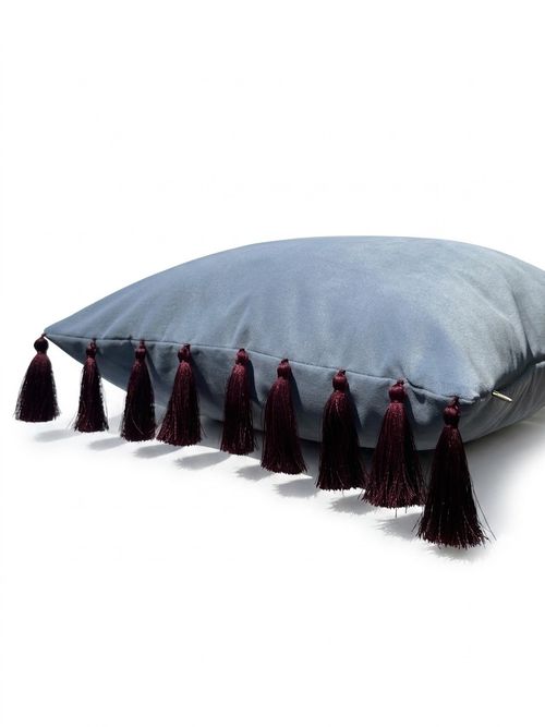 Luxury Light Blue Velvet Throw Pillow Cover With Burgundy Tassels, Decorative Velvet Cushion Cover, Boho Living Room Home Decor