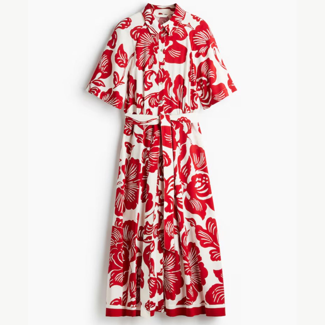 H&M Tie-Belt Printed Shirt Midi Dress